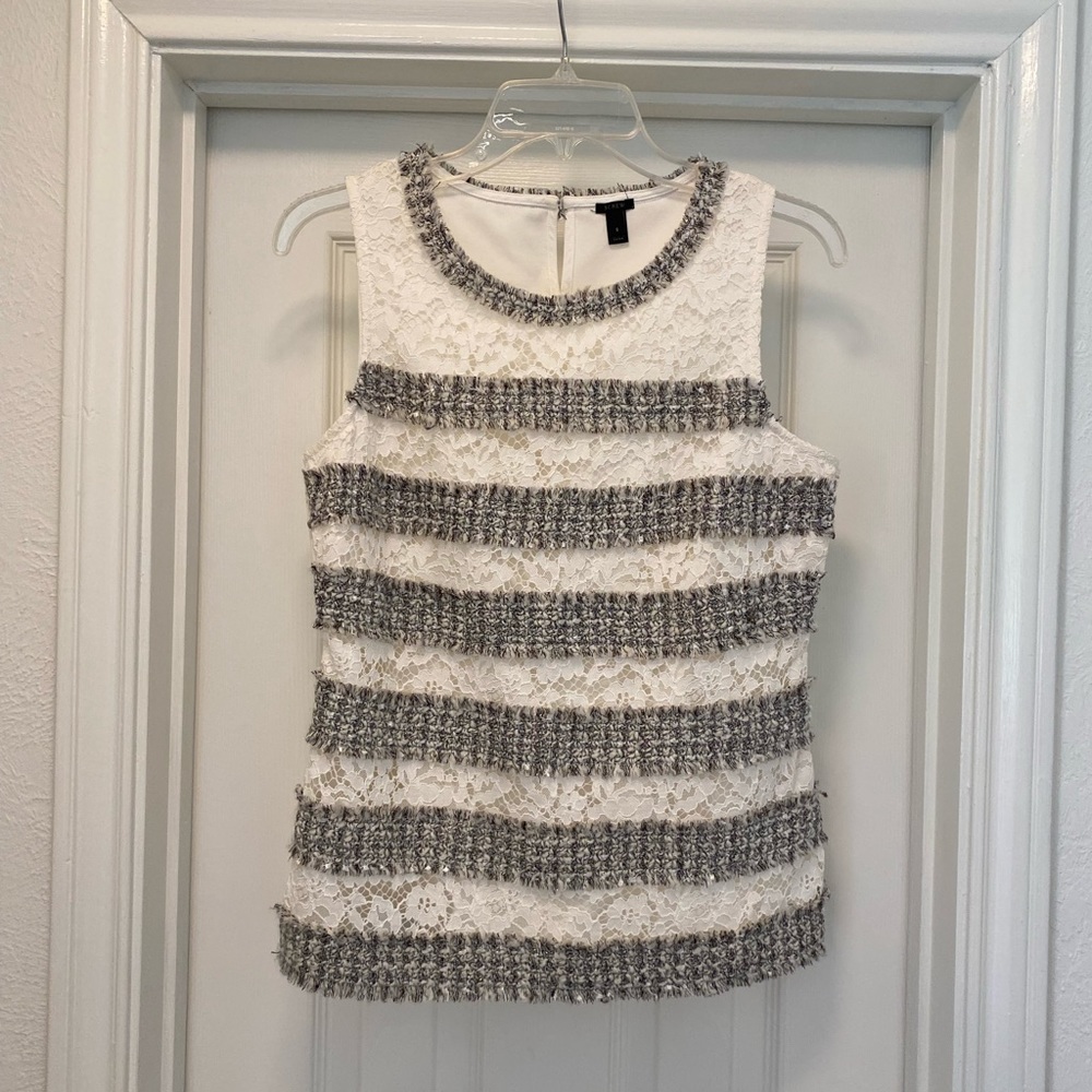 J. Crew Lace and Tweed Striped Sleeveless Blouse Small